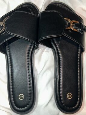 Women's Black Slide Sandals with Gold Chain Accent